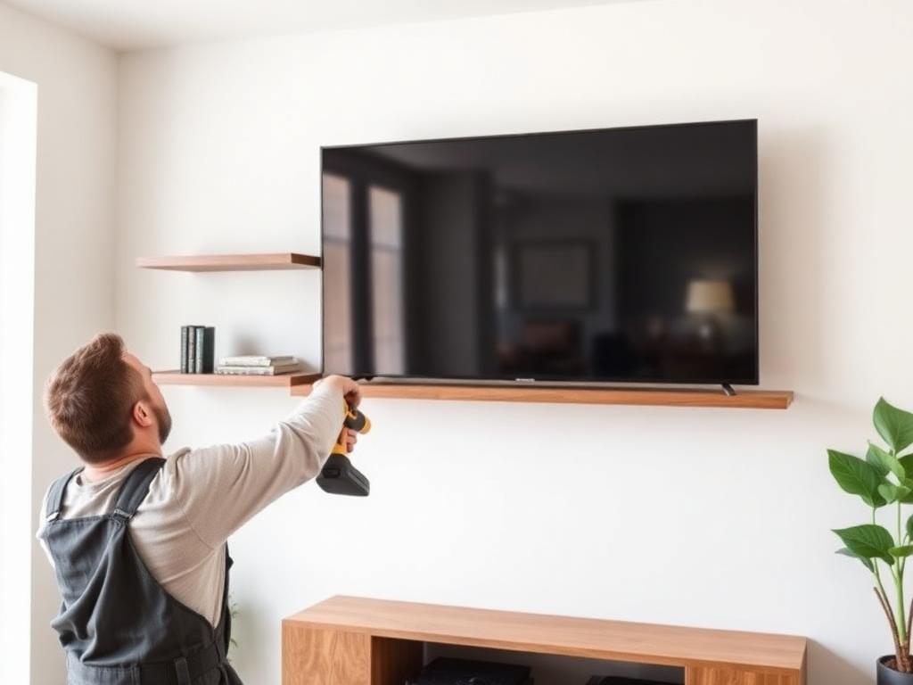 Worker mounting a TV and installing floating shelves in a living room