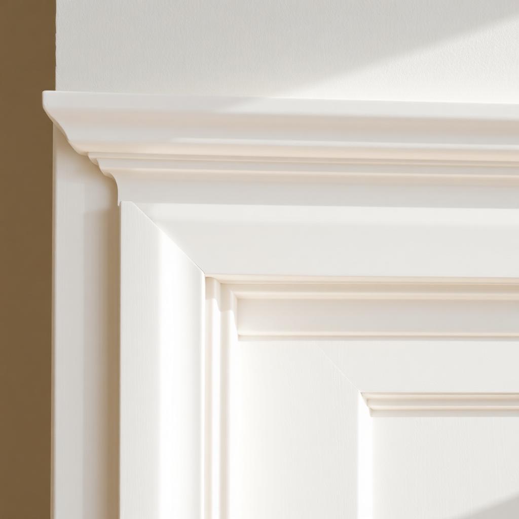 Detail of white crown molding and door casing finish carpentry